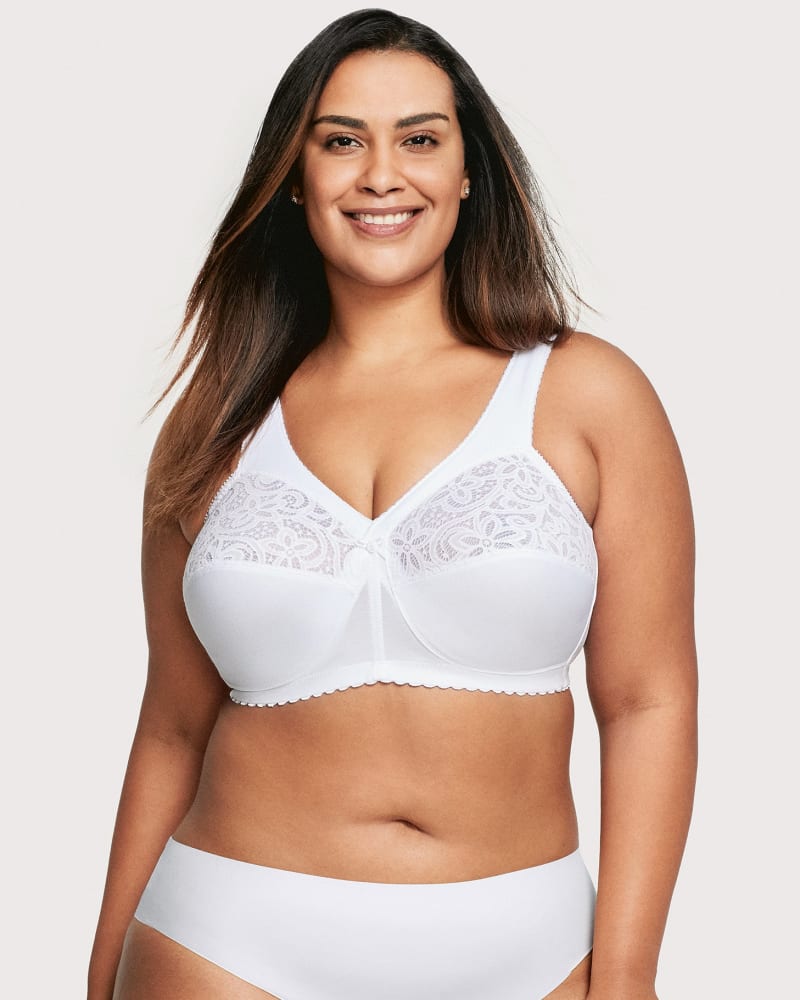 Front of a model wearing a size 44J MagicLift Cotton Support Bra in White by Glamorise. | dia_product_style_image_id:262909